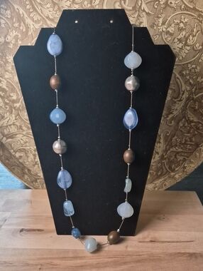 Blue and Brown Beaded Long Necklace - Women's Fashion Jewelry